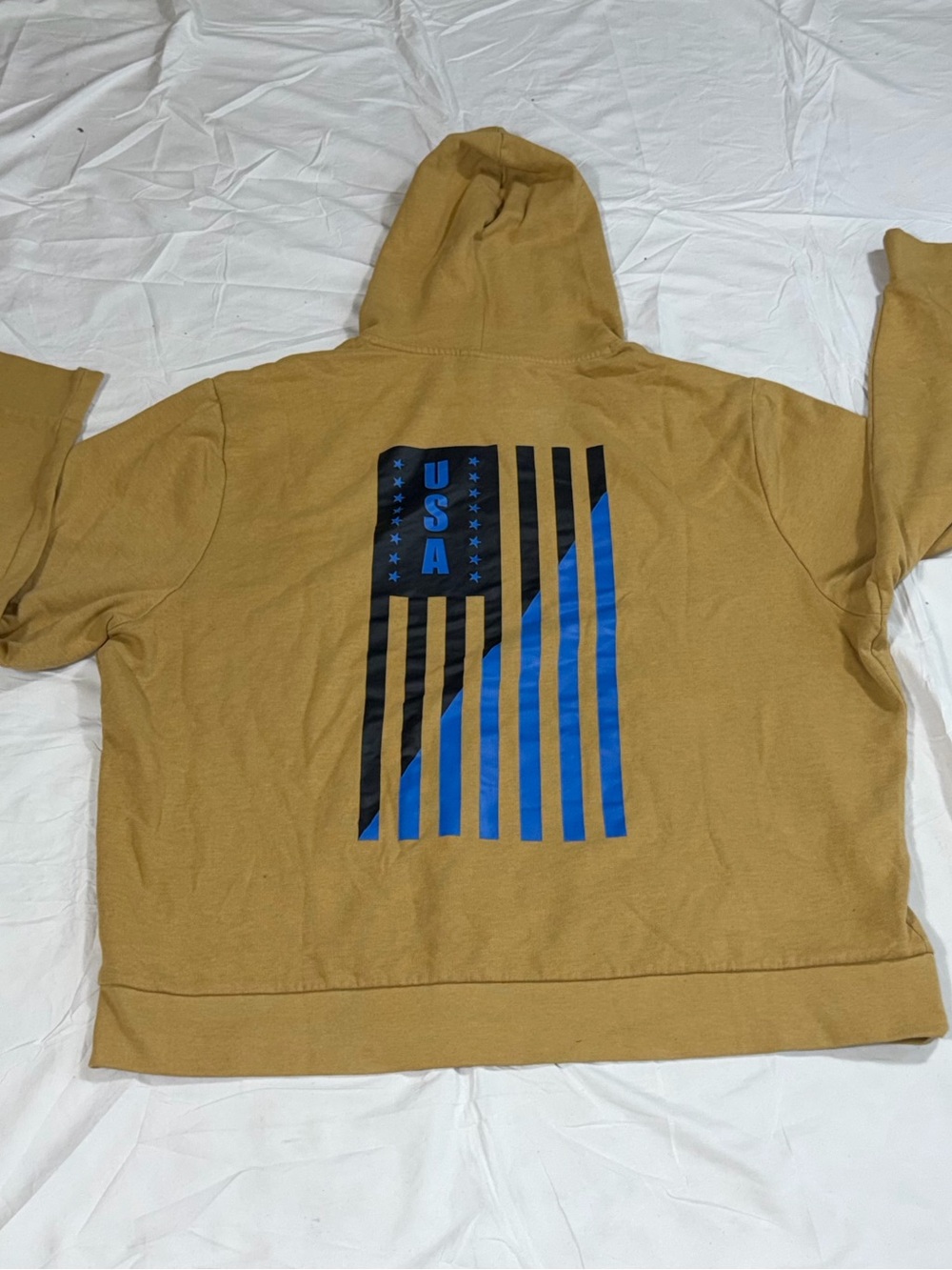 ZELOS Men’s 2XL Tan Thin Blue Line USA Flag Graphic Pullover Hoodie B19